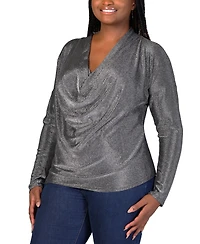 24seven Comfort Apparel Plus Size Cowl Neck Long Sleeve Shimmery Top