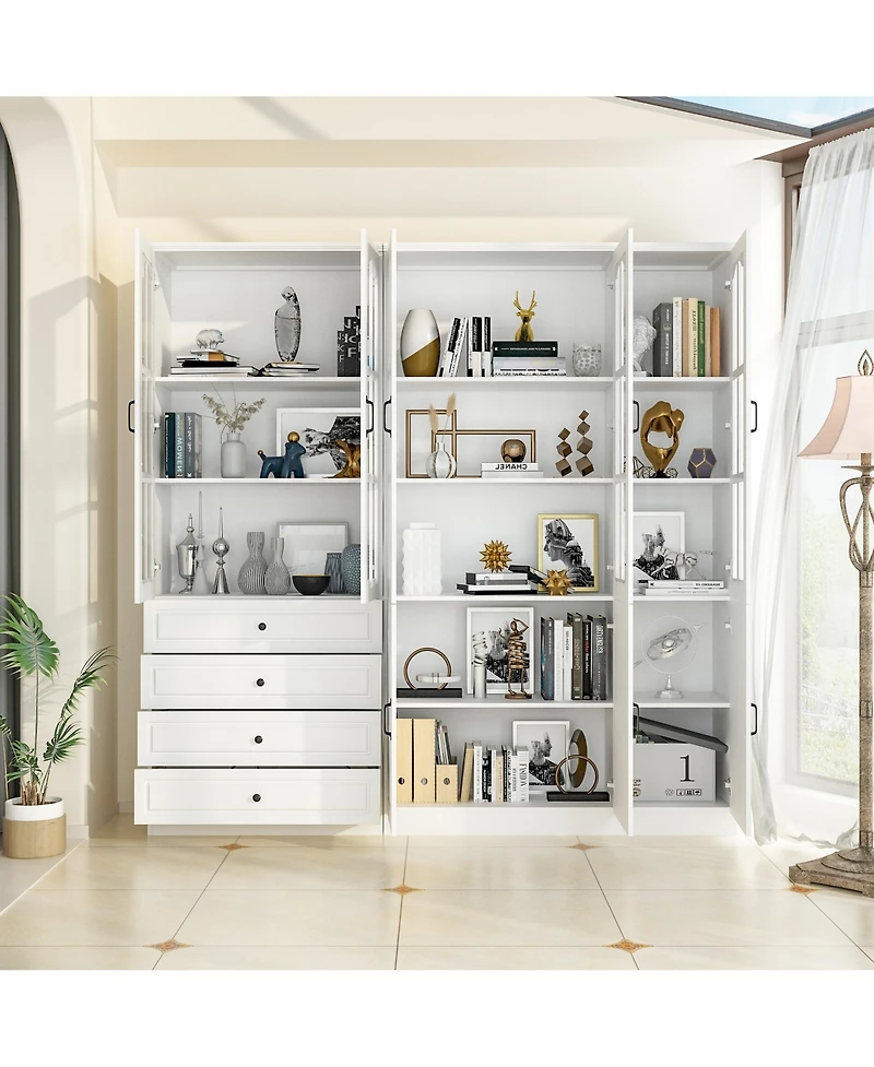Famapy 13-Shelf Bookcase with Glass Doors, 4-Drawers, Adjustable Shelves