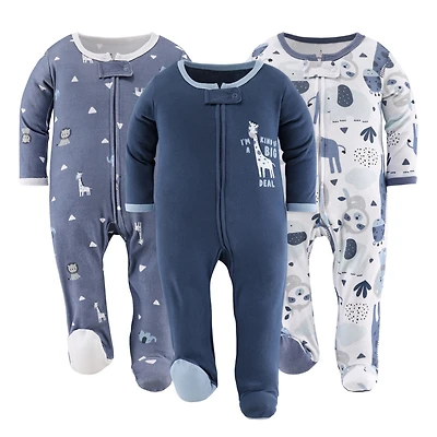 The Peanutshell Baby Boys Blue Safari Footed Sleepers for Boys, 3 Pack