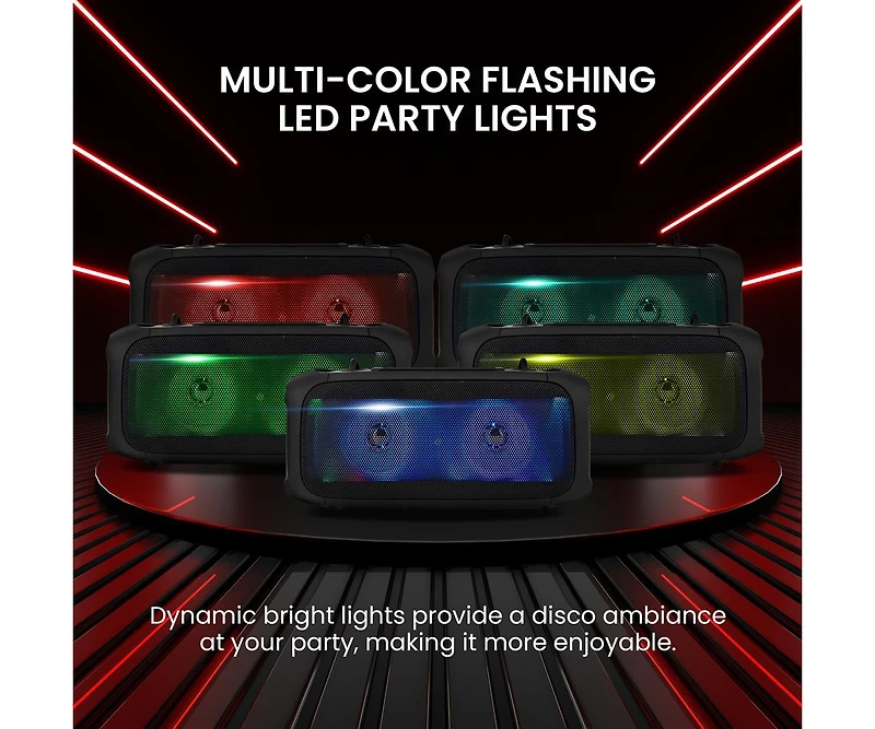Pyle Wireless Bluetooth BoomBox Stereo Speaker System with Full Panel Led Lights, Fm Radio, and Microphone Input