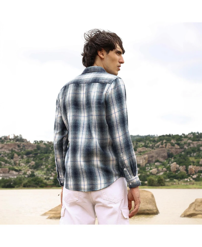 Men's Navy Blue & Ivory White Ombre Buffalo Check Shirt