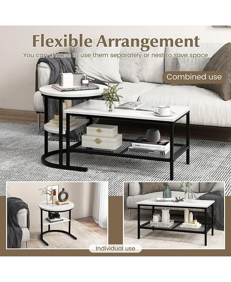 Gymax Nesting Coffee Table Set of 2 Faux Marble Top Detachable w/ Storage Shelf Gold