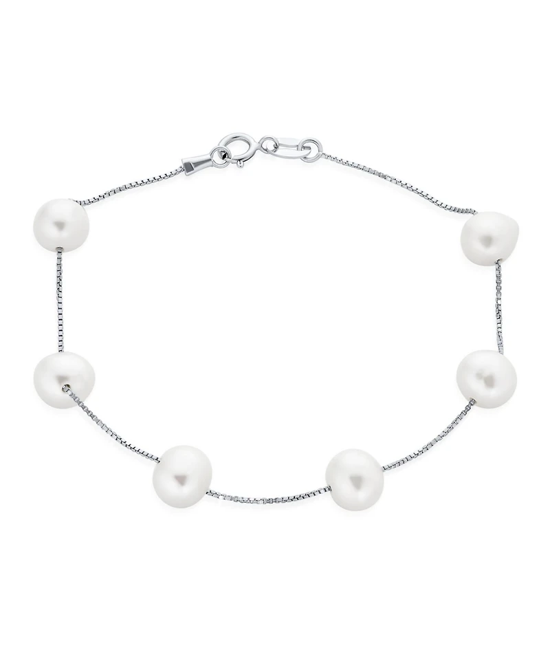 Bling Jewelry Tin Cup White Freshwater Cultured 7mm Pearl Chain Station Pearls Bracelet .925 Sterling Silver