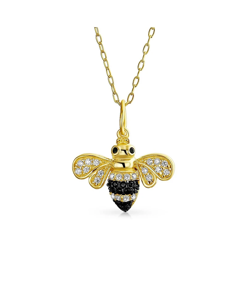 Bling Jewelry Elegant Queen Bee Pendant Necklace - Black and Golden Cubic Zirconia, 14K Yellow Gold Plated