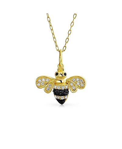Bling Jewelry Elegant Queen Bee Pendant Necklace - Black and Golden Cubic Zirconia, 14K Yellow Gold Plated
