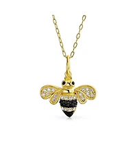 Bling Jewelry Elegant Queen Bee Pendant Necklace - Black and Golden Cubic Zirconia, 14K Yellow Gold Plated
