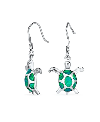 Bling Jewelry Nautical Aquatic Tropical Beach Vacation Iridescent Green Created Opal Inlay Sea Tortoise Turtle Dangle Drop Earrings .925 Sterling Silv