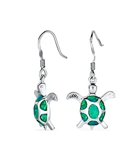 Bling Jewelry Nautical Aquatic Tropical Beach Vacation Iridescent Green Created Opal Inlay Sea Tortoise Turtle Dangle Drop Earrings .925 Sterling Silv