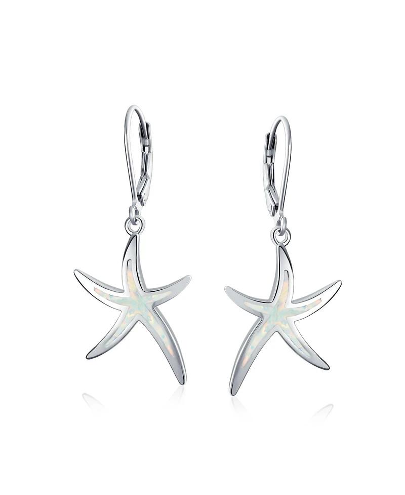 Bling Jewelry Nautical Aquatic Tropical Beach Vacation Iridescent Created Opal Inlay Starfish Dangle Drop Lever back Earrings Sterling Silver