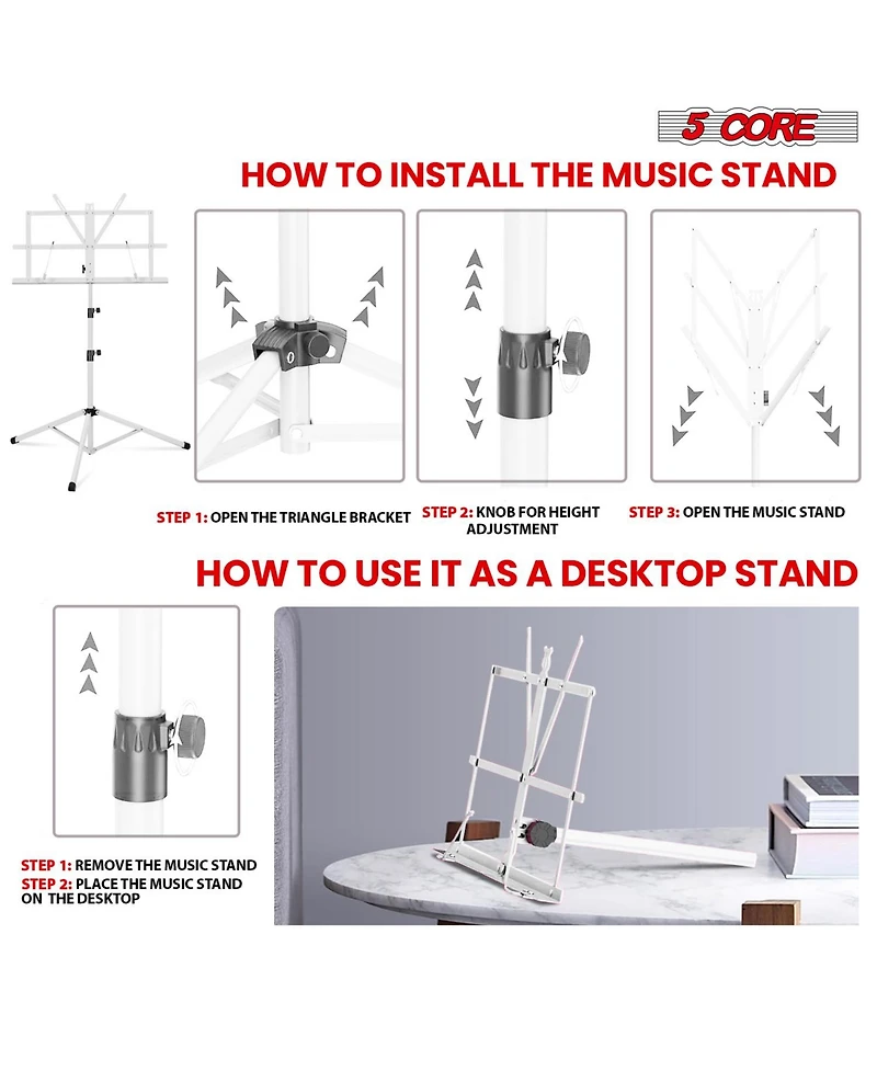 5 Core Music Stand For Sheet Music Portable Tripod Adjustable Folding Note Holder - Blue Higher Version with Light