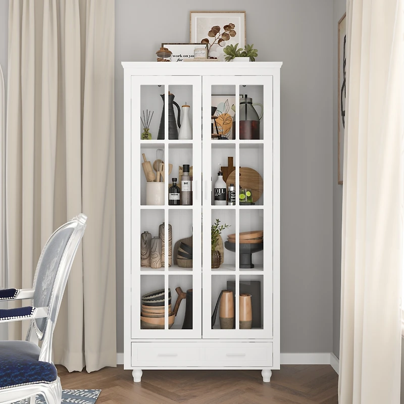Famapy White Storage Cabinet Bookcase with Tempered Glass Doors,-Drawer