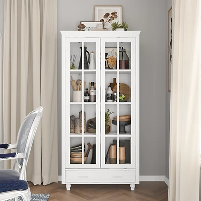 Famapy White Storage Cabinet Bookcase with Tempered Glass Doors,-Drawer