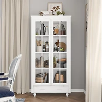 Famapy White Storage Cabinet Bookcase with Tempered Glass Doors,-Drawer