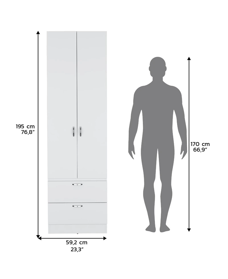 Vicco Armoire Wardrove 76" H, Hanging Rod, 2 Drawers, 1 Shelf