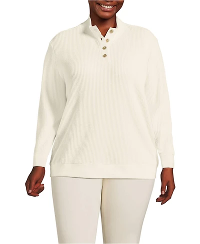 Lands' End Women's Plus Waffle Knit Button Placket Top
