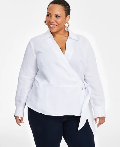 I.n.c. International Concepts Plus Linen-Blend Tied Surplice Top, Exclusively at Macy's