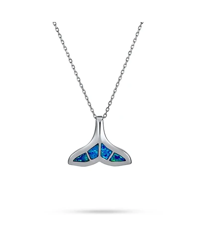 Bling Jewelry Nautical Blue Inlay Created Opal Fish Fin Whale Tail Pendant Necklace .925 Sterling Silver