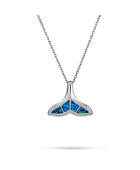 Bling Jewelry Nautical Blue Inlay Created Opal Fish Fin Whale Tail Pendant Necklace .925 Sterling Silver