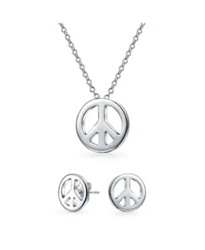 Bling Jewelry Tiny Minimalist Simple World Peace Sign Pendant Necklace Stud Earrings Jewelry Set For Women .925 Sterling Silver
