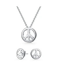 Bling Jewelry Tiny Minimalist Simple World Peace Sign Pendant Necklace Stud Earrings Jewelry Set For Women .925 Sterling Silver