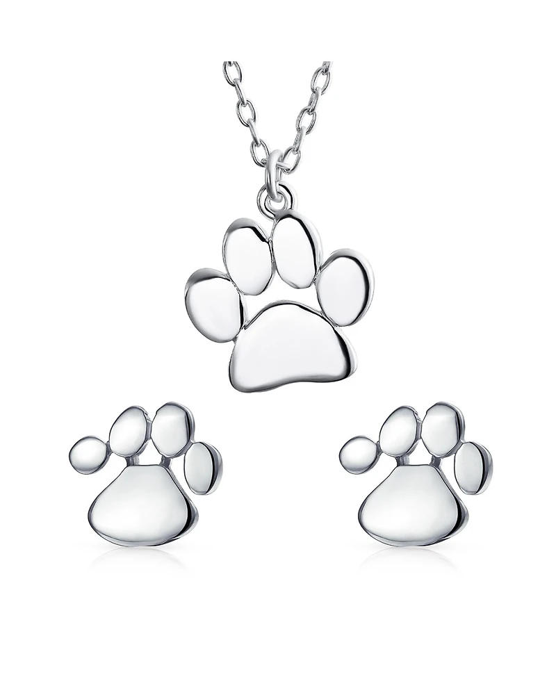 Bling Jewelry Animal Dog Cat Paw Print Pendant Necklace & Stud Earrings Set Sterling Silver