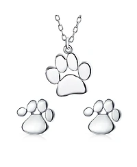 Bling Jewelry Animal Dog Cat Paw Print Pendant Necklace & Stud Earrings Set Sterling Silver