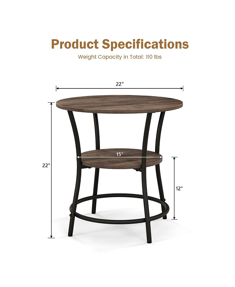 Gymax 2-Tier Side Table Compact Round Metal Frame Coffee Table w/ Open Shelf Brown