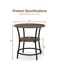 Gymax 2-Tier Side Table Compact Round Metal Frame Coffee Table w/ Open Shelf Brown