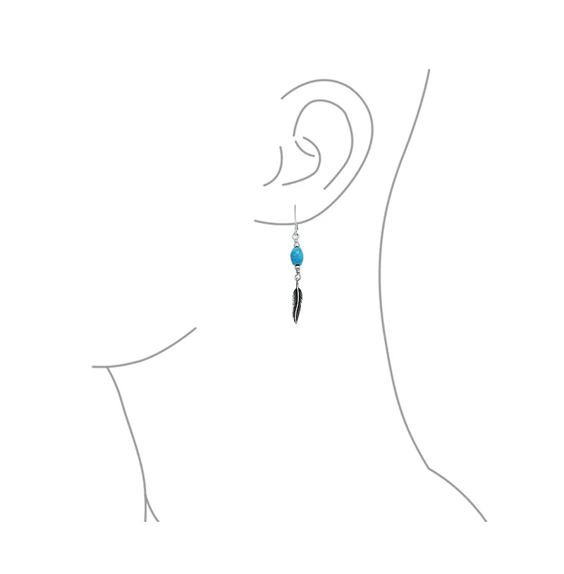 Bling Jewelry Boho South West Native American Indian Style Stabilized Blue Turquoise Oval Feather Leaf Lever back Dangle Earrings Western Jewelry Oxid
