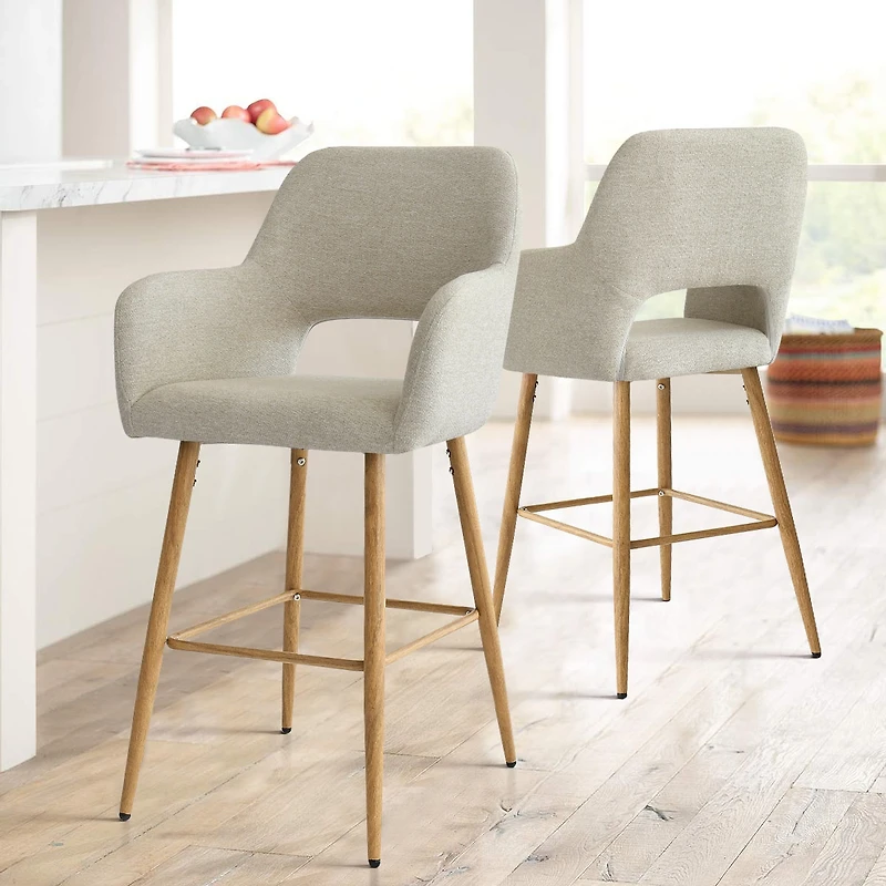 Linen Armrest Counter Height Stools Set of 2 with Back for Kitchen Island-Maison Boucle