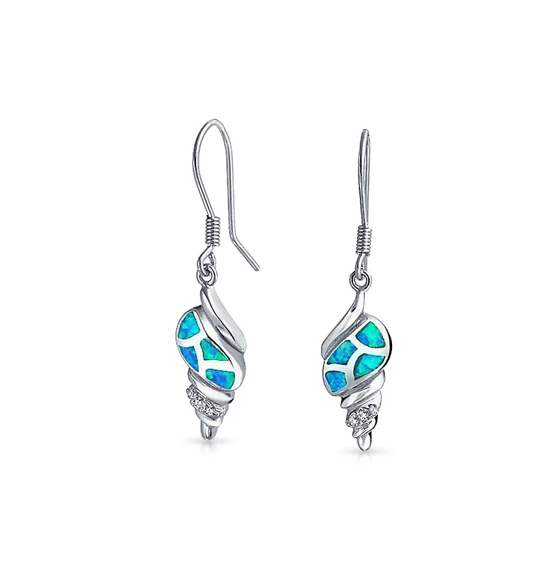Bling Jewelry Blue Opal Inlay Sea Shell Dangle Earrings in Sterling Silver