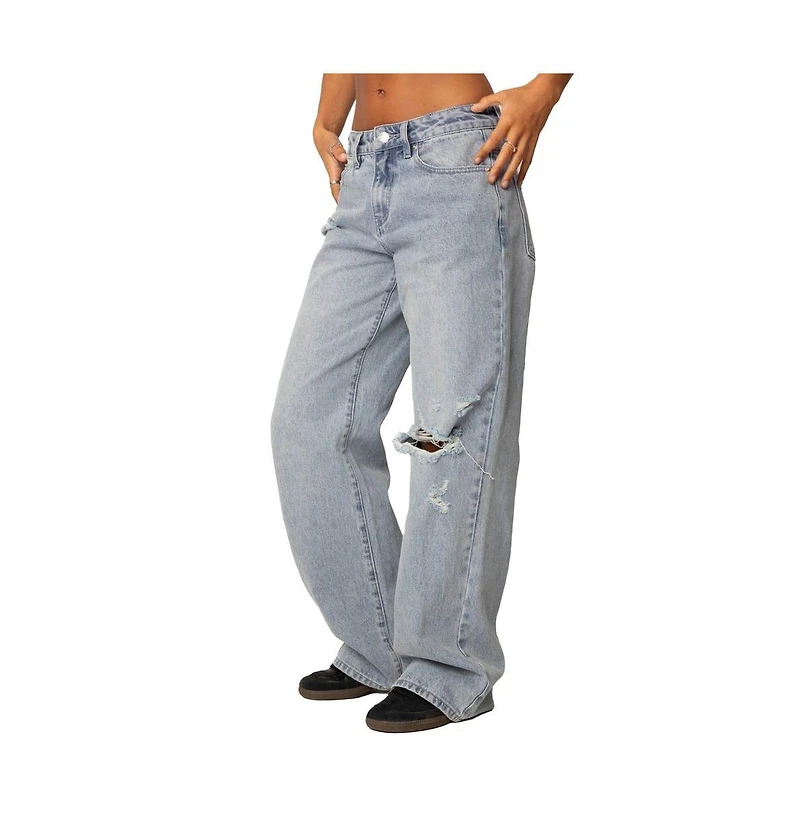 Edikted Womens Adam Distressed Wide Leg Jeans
