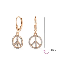 Bling Jewelry Message World Peace Sign Symbol Cubic Zirconia Pave Cz Lever back Drop Dangle Earrings Rose Gold Plated .925 Sterling Silver
