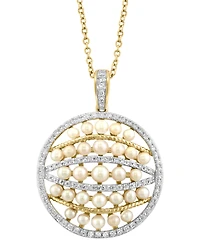 Effy Cultured Freshwater Pearl (2-3mm) & Diamond (1/3 ct. t.w.) Multirow Circle Cluster 18" Pendant Necklace in 14k Gold