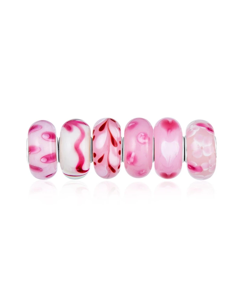 Bling Jewelry Mixed Set Of Bundle .925 Sterling Silver Core Translucent Shades Of Red Rose Pink Murano Glass Swirl Flower Charm Bead Spacer Fits Europ