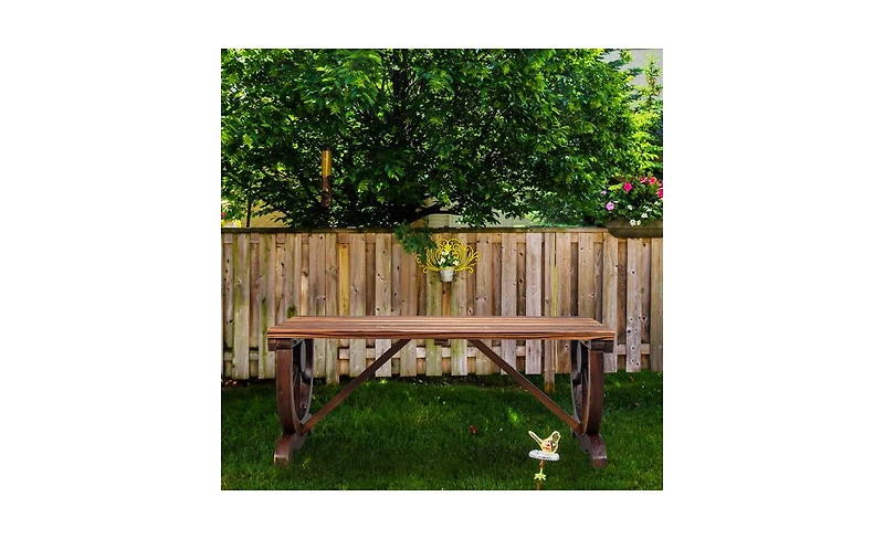 Slickblue 2-Person Rustic Garden Bench, Outdoor Wagon Wheel Porch Bench for Backyard Patio Garden, Brown