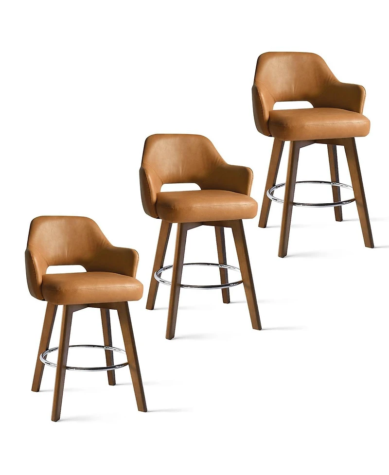 Maison Boucle 360° Swivel Armrest Faux Leather Counter Height Barstool with Rubberwood Legs(Set Of 3)-Maison Boucle