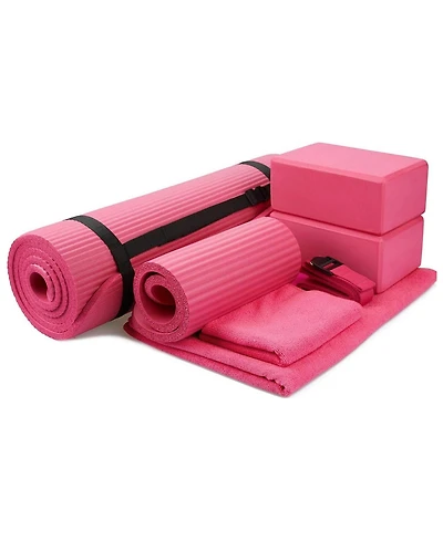BalanceFrom Fitness 7 Piece Yoga Set with Mat, Stretch Strap & Knee Pad, Pink