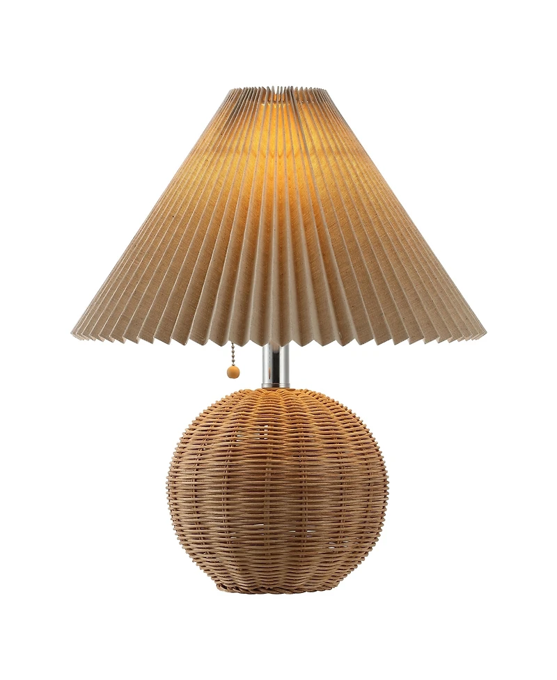 Jonathan Y Aksel 17.25" Coastal Scandinavian Resin/Iron Sphere Led Table Lamp with Pleated Shade and Pull Chain, Beige Wood Finish/White