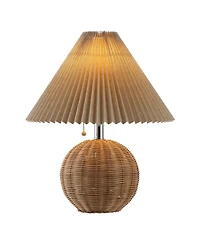 Jonathan Y Aksel 17.25" Coastal Scandinavian Resin/Iron Sphere Led Table Lamp with Pleated Shade and Pull Chain, Beige Wood Finish/White