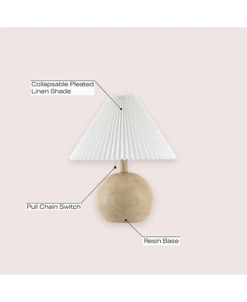 Jonathan Y Aksel 17.25" Coastal Scandinavian Resin/Iron Sphere Led Table Lamp with Pleated Shade and Pull Chain, Beige Wood Finish/White
