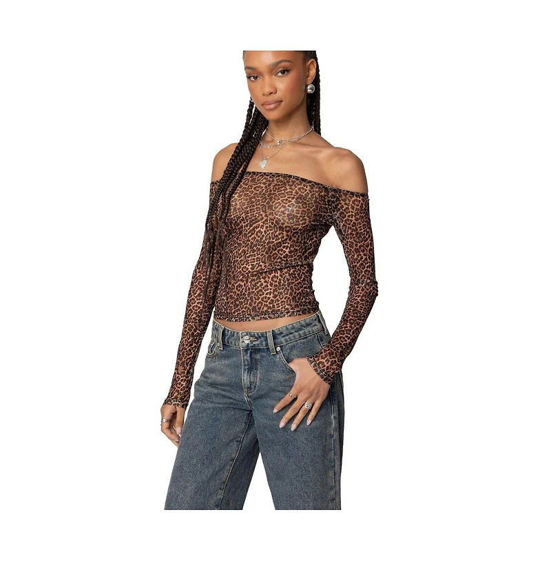 Edikted Womens Leopard Sheer Mesh Off Shoulder Top
