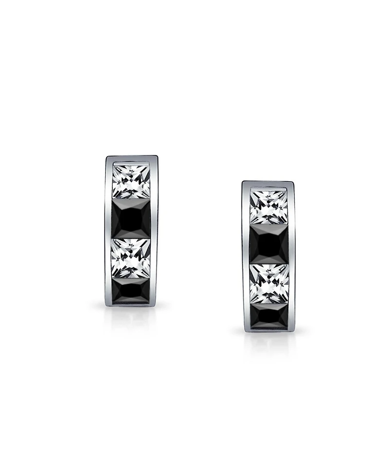 Bling Jewelry Small Square Princess Cut Black White Cz Channel Set Huggie Hoop Earrings Cubic Zirconia .925 Sterling Silver