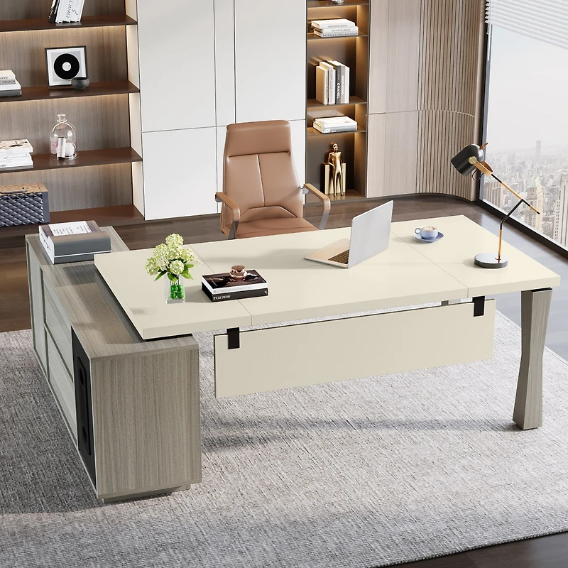 Tribesigns 71-Inch Executive Desk, L-Shaped Desk with Cabinet, Large Office Storage Shelves, Writing Table Business Furniture Set