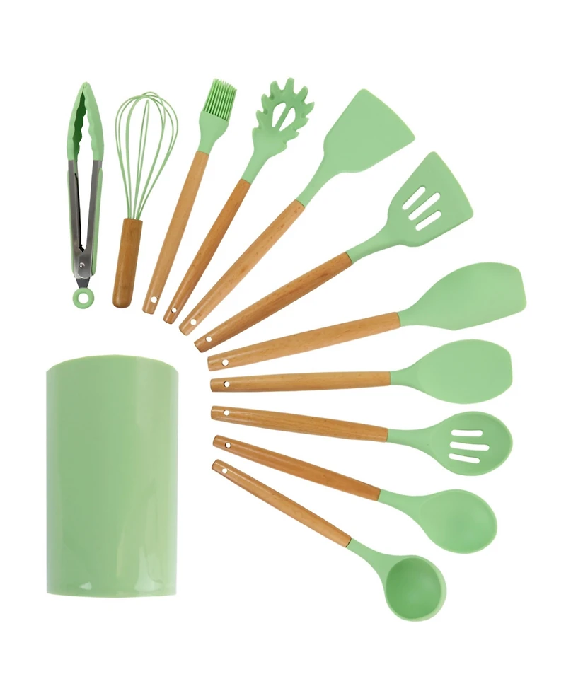 MegaChef Mint Green Silicone and Wood Cooking Utensils, Set of 12