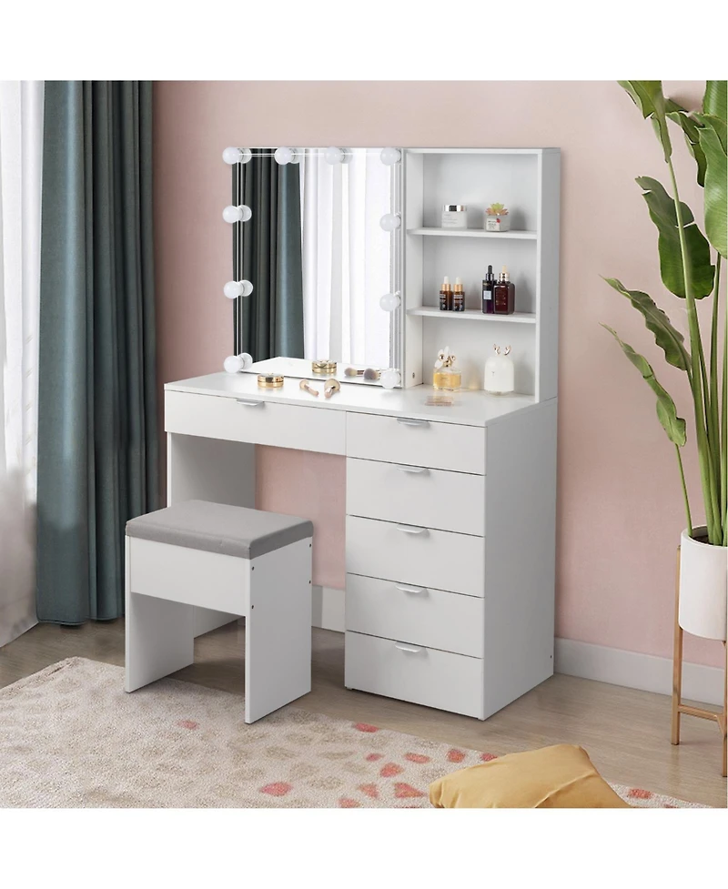 Slickblue White Dressing Table Set with 6 Pumps, 2 Shelves, Mirror Cabinet & 3-Tone Light Bulbs