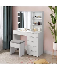 Slickblue White Dressing Table Set with 6 Pumps, 2 Shelves, Mirror Cabinet & 3-Tone Light Bulbs