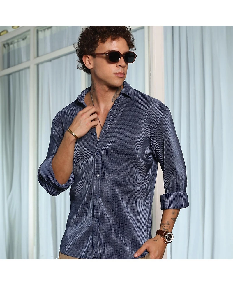 Men's Navy Blue Textured-Pleat Shirt