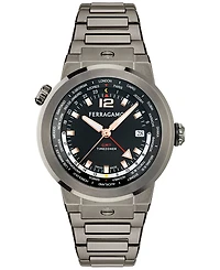 Ferragamo Men's Swiss F-80 Gmt Worldtime Gunmetal Ion Plated Stainless Steel Bracelet Watch 43mm