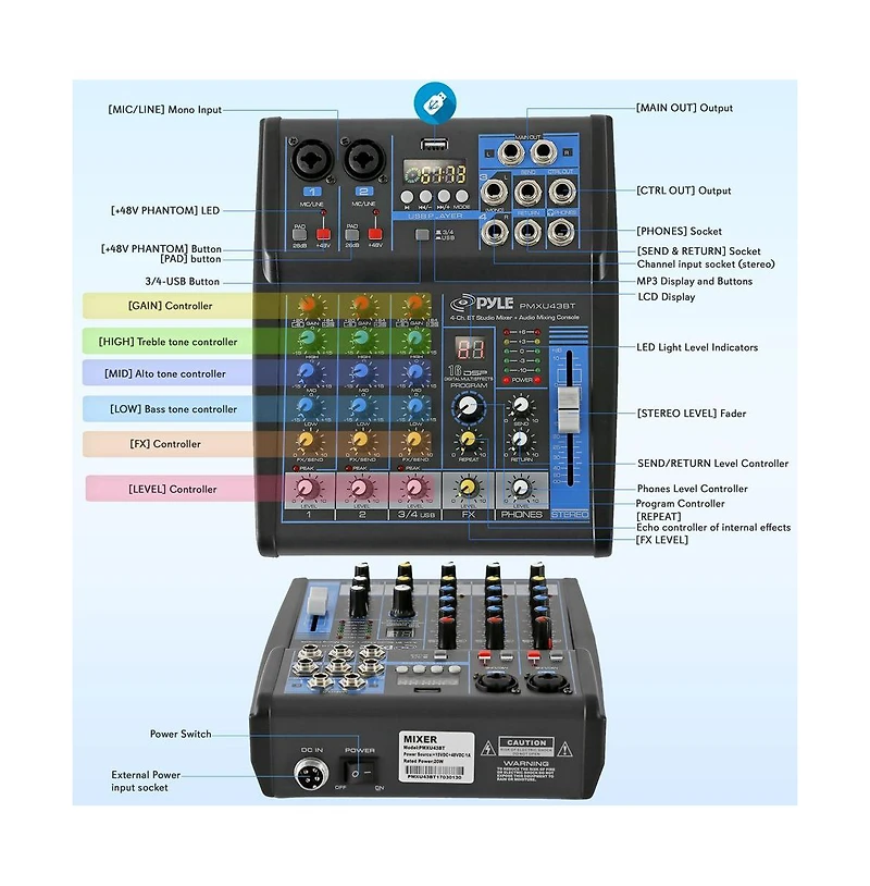 Pyle 4-Channel Bluetooth Pro Audio Dj Sound Mixer